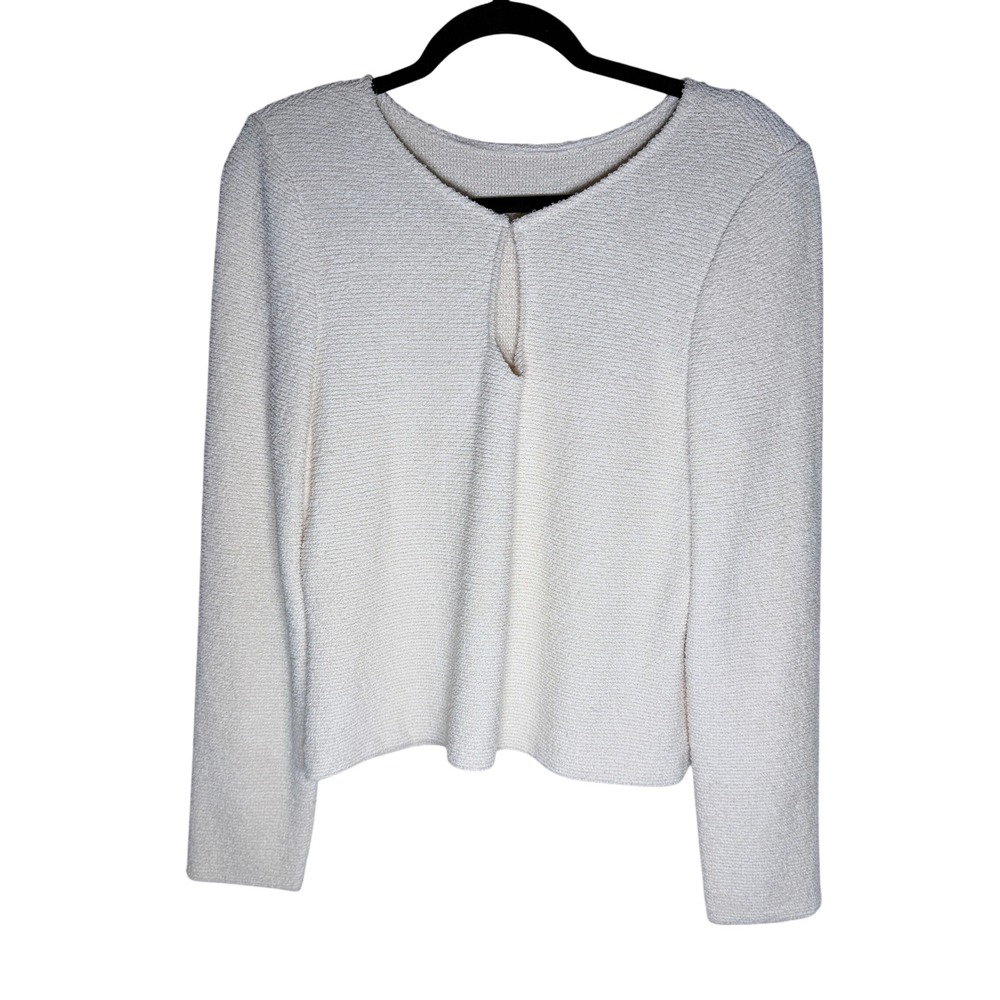St. John Cream Textured Knit Long Sleeve Keyhole Neck Top
